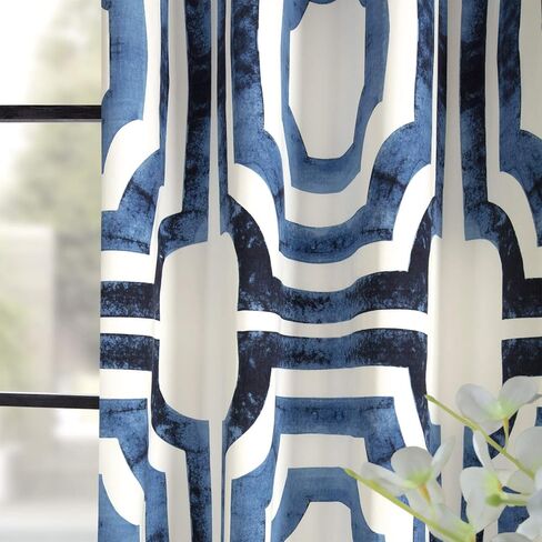 HPD نصف السعر ستائر جروميت مطبوعة هندسية ستائر قطنية فاخرة بطول 120 بوصة (لوحة واحدة) ستائر نافذة تعتيم الغرفة لغرفة النوم وغرفة المعيشة، 50 عرض × 120 طول، مكة هندسية زرقاء in Kuwait