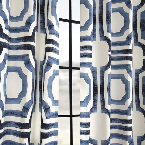 HPD نصف السعر ستائر جروميت مطبوعة هندسية ستائر قطنية فاخرة بطول 120 بوصة (لوحة واحدة) ستائر نافذة تعتيم الغرفة لغرفة النوم وغرفة المعيشة، 50 عرض × 120 طول، مكة هندسية زرقاء in Kuwait