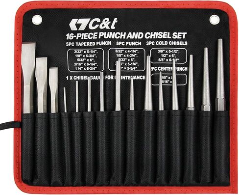 C&T 16-Piece Punch and Chisel Set with Storage Pouch, Including Taper Punch, Cold Chisels, Pin Punch, Center Punch, Chrome Vanadium Steel in Saudi Arabia