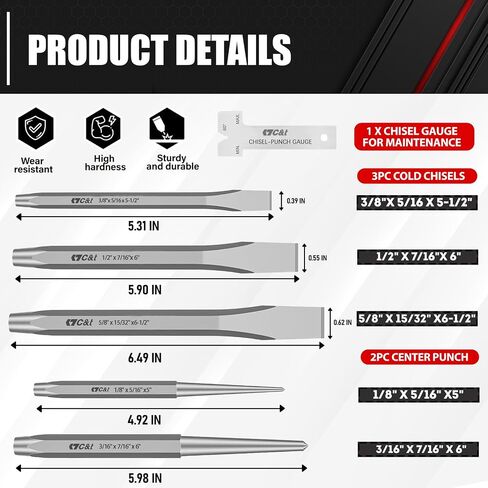 C&T 16-Piece Punch and Chisel Set with Storage Pouch, Including Taper Punch, Cold Chisels, Pin Punch, Center Punch, Chrome Vanadium Steel in Saudi Arabia