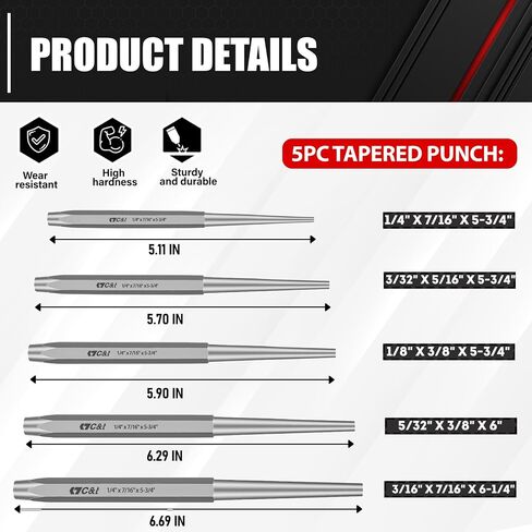 C&T 16-Piece Punch and Chisel Set with Storage Pouch, Including Taper Punch, Cold Chisels, Pin Punch, Center Punch, Chrome Vanadium Steel in Saudi Arabia