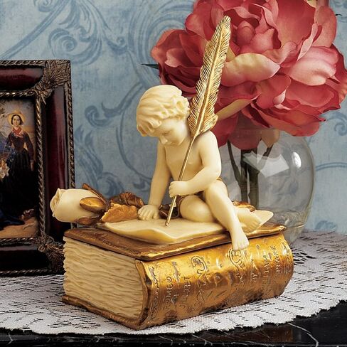 تصميم توسكانو PD2055 تمثال صندوق مجوهرات Cherub Trinket، 6 بوصة، بوليريسين، لمسة نهائية عاجية وذهبية in Saudi Arabia