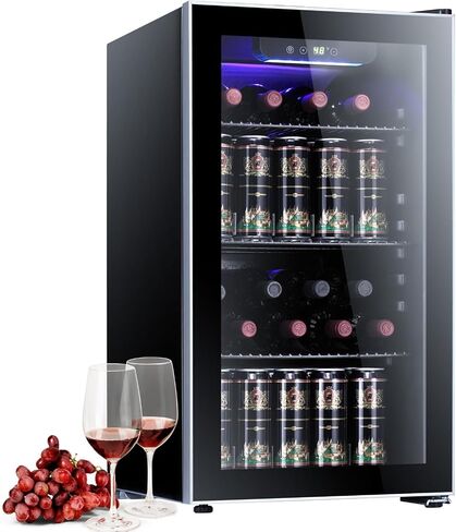 Antarctic Star Wine Cooler 26 Bottle 125 Can Mini Fridge Beverage Refrigerator Small Beer Soda Glass Door Quiet Compressor Freestanding for Kitchen Bar 3.2 Cu.Ft in Saudi Arabia
