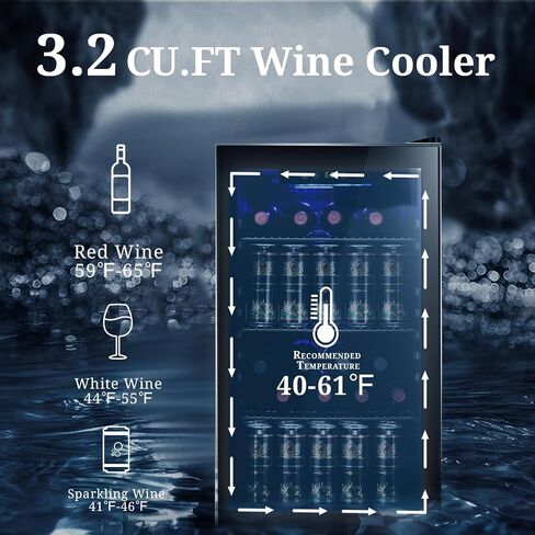 Antarctic Star Wine Cooler 26 Bottle 125 Can Mini Fridge Beverage Refrigerator Small Beer Soda Glass Door Quiet Compressor Freestanding for Kitchen Bar 3.2 Cu.Ft in Saudi Arabia
