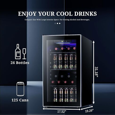 Antarctic Star Wine Cooler 26 Bottle 125 Can Mini Fridge Beverage Refrigerator Small Beer Soda Glass Door Quiet Compressor Freestanding for Kitchen Bar 3.2 Cu.Ft in Saudi Arabia
