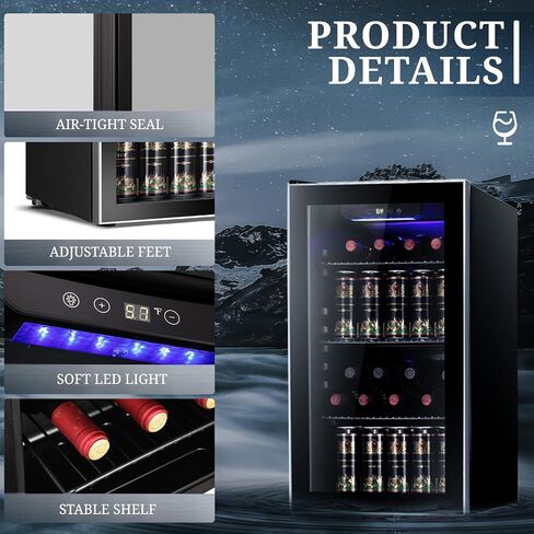 Antarctic Star Wine Cooler 26 Bottle 125 Can Mini Fridge Beverage Refrigerator Small Beer Soda Glass Door Quiet Compressor Freestanding for Kitchen Bar 3.2 Cu.Ft in Saudi Arabia