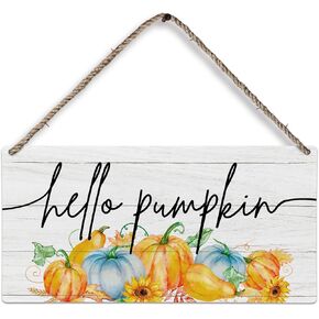 huester Fall Decor, Hello Pumpkin Sign, Fall Orange Blue Pumpkins Thanksgiving Wood Hanging Plaque Sign, Fall Door Hanger, Fall Autumn Wall Door Hanging Decorations for Home, 12x6 inches