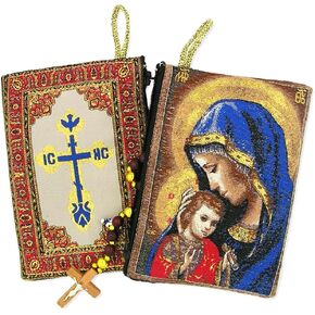 Religious Gifts Madonna and Child Mother's Embrace Icon Cloth Tapestry Rosary Pouch, 5 3/8 Inch