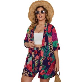 Floerns Women's Plus Size 2 Piece Outfit Tropical Print Kimono Top and Shorts Set