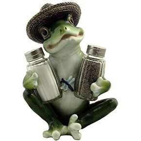 Decorative Country Frog & Dragonfly Glass Salt and Pepper Shaker Set with Display Stand Figurine Sculpture for Country Kitchen Table Decor or Whimsical Dining Room Decorations & Collectibles As