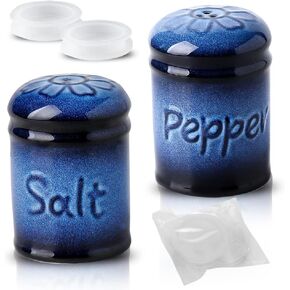 Nihow Ceramic Cute Salt and Pepper Shakers Set: 2.6 Inch Salt and Pepper Set/Sugar Salt Shaker with Handle for Counter -Resist Rusting Seasoning Shaker -Elegant Black & Blue (Set of 2)
