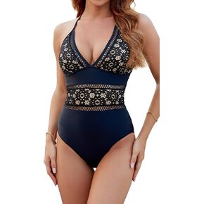 Beachsissi Womens Hollow One Piece Swimwear Knit Pattern Hatler Neck Swimsuits