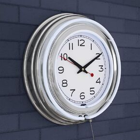 Trademark Gameroom (White Neon Wall Clock-14" Round, Double Light Ring, Dual Power, Analog Quartz Timepiece-Retro Décor for Bar, Garage & Game Room by Lavish Home, 14"x14"x3"