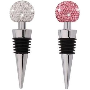 2 pack GSRYPC Bling Bling Decorative Crystal Diamond Wine Stopper ,Zinc Alloy Silicone Crystal Wine Toppers Stopper Wine Set Accessories For Gifts, Bar, Holiday Party, Wedding（Silver+pink)