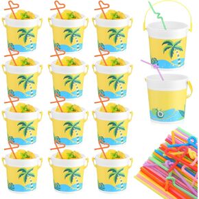 Yaomiao 32 Pcs 32 oz Plastic Cocktail Rum Buckets for Drinks with 100 Colorful Straws Portable Drink Buckets for Parties Reusable Punch Bowls for Summer Beach Bar Kitchen (32 Pcs)