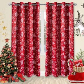 LORDTEX Snow Print Christmas Curtains for Living Room and Bedroom - Thermal Insulat ed Blackout Curtains, Noise Reducing Window Drapes, 52 x 84 Inches Long, Red, Set of 2 Curtain Panels