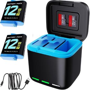 for Hero 12/11/10/9 Battery 2-Pack 2000mAh and USB Storage 3-Channel Fast Charger Fully Compatible with GoPro Hero 12, Hero 11, Hero 10, Hero 9 Black Official with Micro SD Card Slot