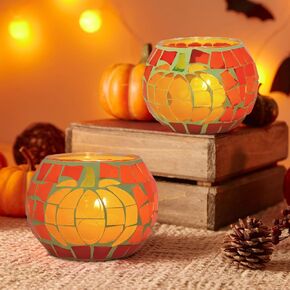 ANALIM 4 Pcs Thanksgiving Pumpkin Candle Holders, Pumpkin Mosaic Glass Tealight Candle Holders, Decorative Fall Table Centerpiece Thanksgiving Decorations