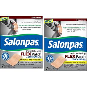 Salonpas Temporary Pain Relieving Flex Patch with Lidocaine 4%, Maximum OTC Strength, Stretchable Thin Fabric, Strong Adhesion, Contours to Body, Apply for Up to 8 Hours 7 ct (Pack of 2)