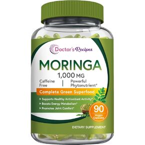 Doctor's Recipes Moringa Capsules, Made with Moringa Powder Organic, 10,800 mg Strength Per Serving, 50:1 Extract, Green Superfood, Skin, Immune & Joint Support, 90 Caps, Non-GMO, No Caffeine