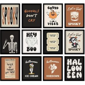 JarThenaAMCS 12Pcs Halloween Wall Art Prints Retro Halloween Skeleton Ghost Paper Posters Mixed Vintage Picture Decoration for Party Gallery Living Room Office, 8 x 10 Inch, Unframed