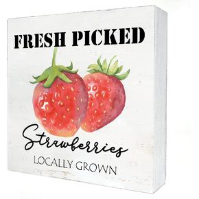 Fresh Picked Strawberries Wooden Box Sign Desk Decor 5 x 5 Inch Strawberry Berries Summer Box Sign Wood Plaque Block Sign Rustic Home Decor