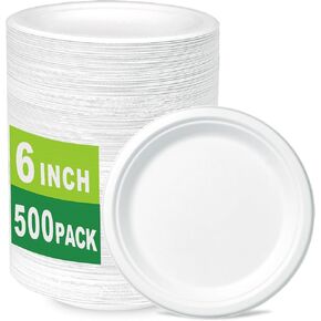 500 Count 6 Inch Small Heavy Duty Compostable Dessert Plates, Biodegradable Bagasse and Bamboo Fiber Paper Plates