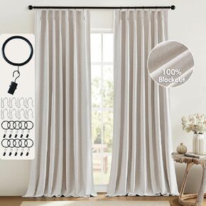 MIULEE 100% Blackout Curtains for Bedroom 92 Inch Long 2 Panels Set - Pinch Pleat/Back Tab/Clip Rings Black Out Linen Curtain for Living Room Darkening Triple Pleated Drapes with Hooks, Natural