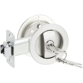 PATIKIL Round Recessed Door Lock with Keys, Pocket Door Lock Invisible Hardware Privacy Sliding Door Lock for Bathroom Bedroom Barn Door for 1-3/8" to 2" Thickness Door, Silver