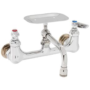 T&S Brass B-0233-01 مثبت على الحائط بمراكز 8 بوصة، فوهة متأرجحة 6 بوصة، صنبور مخزن مزدوج مع طبق صابون، كروم