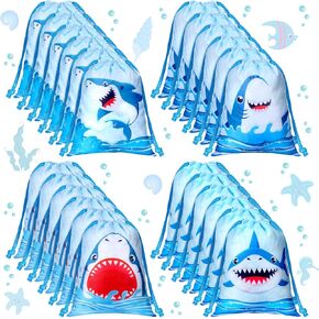 Capoda 24 Pcs Summer Party Favor Bags 7.09 x 5.12 Inches Pool Party Drawstring Bags Summer Bags for Kids Bulk Hawaiian Shark Theme Party Decorations Candy Gift for Luau Shark Party Supplies(Shark)