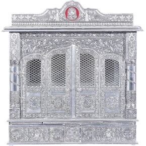 Silver Mandir for Home - White Oxidized - with Door (Large)