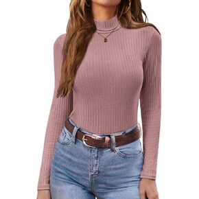 Ekouaer Women's Mock Turtleneck Long Sleeve Shirts Ribbed Knit Lightweight Pullover Sweater Stretch Fitted Thermal Top