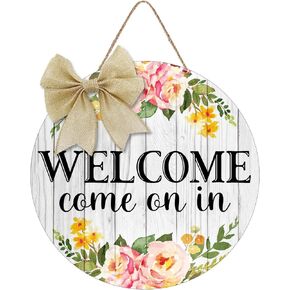 Welcome Come On In Wood Wreath Sign For Front Door Hanging Sign Plaque Door Wall Decor For Holiday Party Porch Farmhouse Round 12 Inch