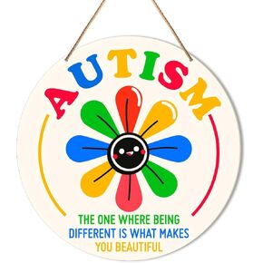 Autism Awareness Sign Decor, Autism Hanging Sign Decor Wall Decorations Wood Sign for Door, Home, Classroom, Gift for Autism Family Mom, The One Where Being Different Is What Makes You Beautiful