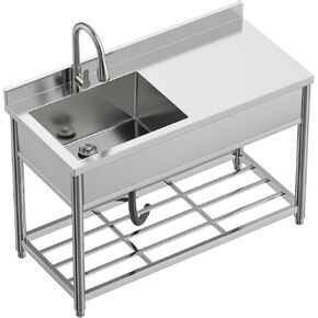 Commercial Sink with Drainboard, Stainless Steel Utility Sink with Pull-out Faucet, Free Standing Single Bowl Kitchen Sink with Workbench for Restaurant, Garage, Outoor, 21.7"D x 47.2"W x 37"H