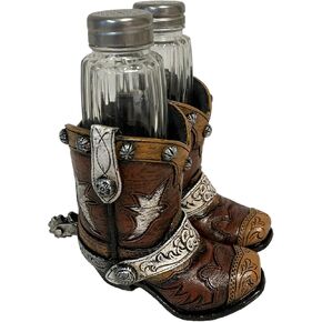 De Leon Collections 14181 Cowboy Boots Brown and Silver Tone 5.7 Inch Polyresin and Glass Western Southwest Decorative Rustic For Kitchen or Dining Room Salt and Pepper Shaker Holder 3 Piece Set