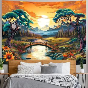 Racunbula Trippy Mountain Tapestry Sun Forest Tapestry Floral Plant Tapestry Nature Landscape Wall Tapestry Mystic River Tapestry Wall Hanging for Bedroom