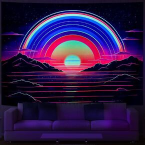 Amhokhui Blacklight Sun Tapestry UV Reactive Trippy Mountain Tapestry Vaporwave Tapestry Retro Neon Landscape Tapestry 1980S Abstract Tapestry Hippie Waves Wall Hanging Decor for Home
