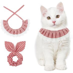 E-Clover Cat Collar & Matching Scrunchie Lace Cat Bandana Adjustable for Kitten Kitty Boy Girl Owner Gift Black White Plaid