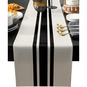 Rural Farmhouse Black Line Stripes Burlap Table Runner 120 Inches, Beige Bed Runner Dresser Scarves Tabletop for Indoor Outdoor Parties/Ceremony, 13"x 120"
