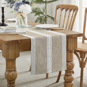 Wracra Embroidered Table Runner Linen Table Runners 90 inches Long with Hand-Tassels for Holiday Party, Wedding and Dining Decorations(Grey, 13"×90")