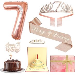 8pcs 7th Birthday Decorations for Girls - Including 7 Birthday Cake Topper, Balloons, Queen Sash, Crown and Candle Set and Cake Folding Greeting Card, Beautiful Gift Box, Rose Gold