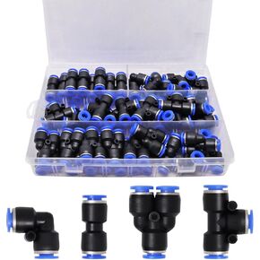 1/4 inch OD Push to Quick Connect Air Hose Fittings, Straight + Tee Air Line Fittings Kit (101 Pcs)