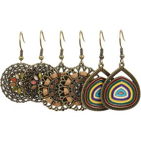 SMALLLOVE Vintage Bohemian Earrings for Women Girls Unique Handmade Boho Retro Tribal National Bronze Round Circle Geometry Carved Pattern Tassel Dangle Drop Statement Earrings Jewelry Gifts