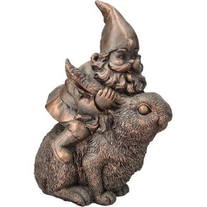 Pacific Giftware Bronze Gnome on Bunny Figurine, 8.07-inch Height, Gold Cast Broze, Table Decoration