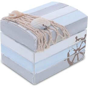 CoTa Global Moonlight Wooden Jewelry Box - Handcrafted Nautical Trinket with Seashell and Boat Wheel Decorations, Accent Tabletop Home Decor, Jewelry Storage - 3.7 Inches