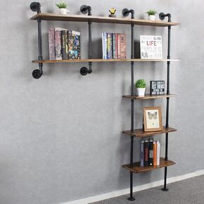 MBQQ 5-Tiers Industrial Pipe Shelving,59inch Rustic Wooden&Metal Floating Shelves,Home Decor Shelves Wall Mount,Real Wood Book Shelves,Wall Shelf Unit Bookshelf,Wall Shelf for Office Organizer,Brown