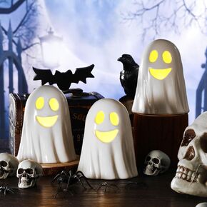 3 Pcs Halloween Ceramic Ghost Decor White Ghost Figurines Spooky Halloween Decor Scary Ghost Sculpture Statue Farmhouse Tiered Tray Decor for Living Room Coffee Table Centerpiece(Smile)