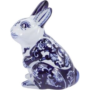 Ceramic Rabbit Figurine Blue and White Porcelain Bunny Statue Chinoiserie Decor for Home Table Book Shelf Car Dining Table Centerpiece
